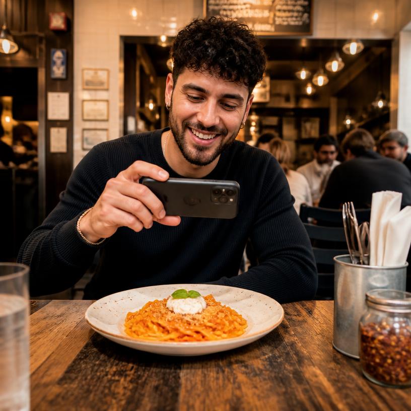 Creator pointing his phone to film a dish on the table
